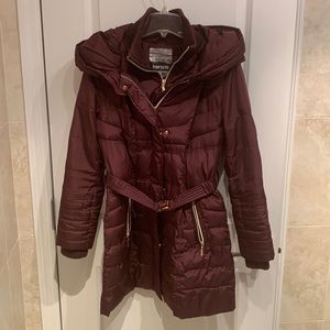 Kensie double breasted maroon belted puffer coat